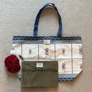 Floral Canvas Tote Bag with Blue Handles